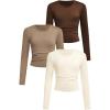 imageSOLY HUX Girls 3 Piece T Shirt Crew Neck Long Sleeve Ruched Crop Tops Slim Fit Solid Basic TeeBrown Khaki and Apricot