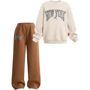 imageSOLY HUX Cute Clothes for Girls Sweatsuit Sets Crewneck Casual Sweatpants 2 Piece Outfits Sweatshirt and PantsBeige Brown Leopard