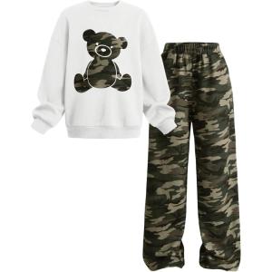 imageSOLY HUX Cute Clothes for Girls Sweatsuit Sets Crewneck Casual Sweatpants 2 Piece Outfits Sweatshirt and PantsWhite Green Camo