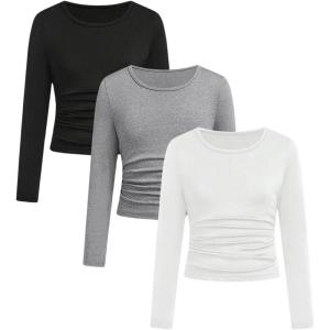 imageSOLY HUX Girls 3 Piece T Shirt Crew Neck Long Sleeve Ruched Crop Tops Slim Fit Solid Basic TeeBlack Grey and White