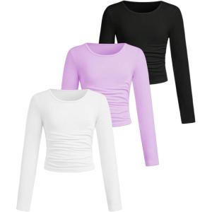 imageSOLY HUX Girls 3 Piece T Shirt Crew Neck Long Sleeve Ruched Crop Tops Slim Fit Solid Basic TeeBlack Purple White