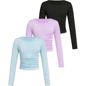 imageSOLY HUX Girls 3 Piece T Shirt Crew Neck Long Sleeve Ruched Crop Tops Slim Fit Solid Basic TeeBlack Purple and Light Blue