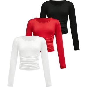imageSOLY HUX Girls 3 Piece T Shirt Crew Neck Long Sleeve Ruched Crop Tops Slim Fit Solid Basic TeeBlack Red and White