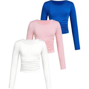 imageSOLY HUX Girls 3 Piece T Shirt Crew Neck Long Sleeve Ruched Crop Tops Slim Fit Solid Basic TeeBlue Pink and White