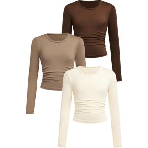 imageSOLY HUX Girls 3 Piece T Shirt Crew Neck Long Sleeve Ruched Crop Tops Slim Fit Solid Basic TeeBrown Khaki and Apricot