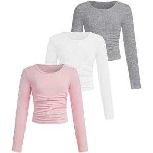 imageSOLY HUX Girls 3 Piece T Shirt Crew Neck Long Sleeve Ruched Crop Tops Slim Fit Solid Basic TeeGrey White Pink