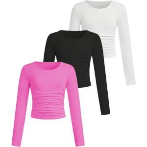 imageSOLY HUX Girls 3 Piece T Shirt Crew Neck Long Sleeve Ruched Crop Tops Slim Fit Solid Basic TeeHotpink White and Black