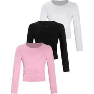 imageSOLY HUX Girls 3 Piece T Shirt Crew Neck Long Sleeve Ruched Crop Tops Slim Fit Solid Basic TeeMulti