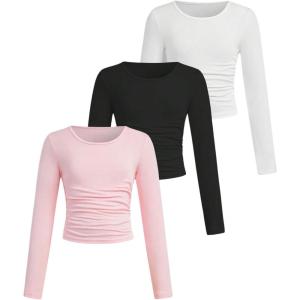 imageSOLY HUX Girls 3 Piece T Shirt Crew Neck Long Sleeve Ruched Crop Tops Slim Fit Solid Basic TeeMulticoloured