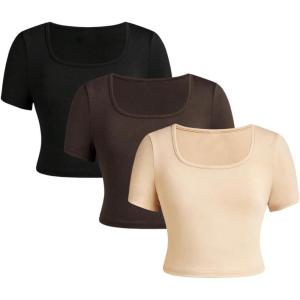 imageSOLY HUX Girls Crop Tops Cute Clothes 3 Pack Square Neck Short Sleeve T Shirts Basic Slim Fitted TeesBeige Brown Black
