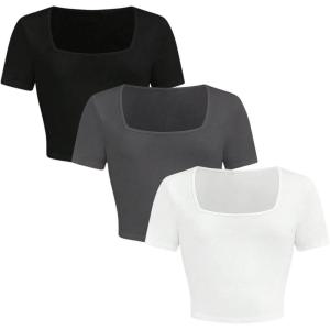 imageSOLY HUX Girls Crop Tops Cute Clothes 3 Pack Square Neck Short Sleeve T Shirts Basic Slim Fitted TeesBlack Grey White