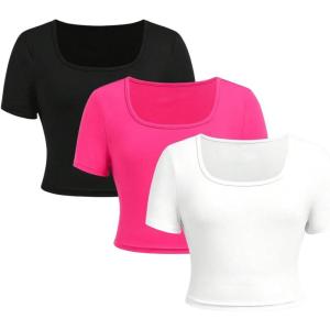 imageSOLY HUX Girls Crop Tops Cute Clothes 3 Pack Square Neck Short Sleeve T Shirts Basic Slim Fitted TeesHot Pink White Black