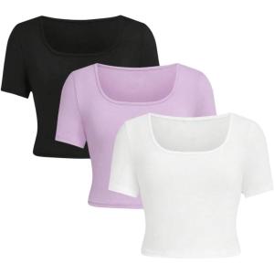 imageSOLY HUX Girls Crop Tops Cute Clothes 3 Pack Square Neck Short Sleeve T Shirts Basic Slim Fitted TeesMauve Purple Black White