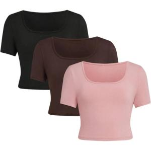 imageSOLY HUX Girls Crop Tops Cute Clothes 3 Pack Square Neck Short Sleeve T Shirts Basic Slim Fitted TeesPink Brown Black