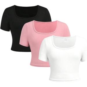 imageSOLY HUX Girls Crop Tops Cute Clothes 3 Pack Square Neck Short Sleeve T Shirts Basic Slim Fitted TeesWhite Pink Black