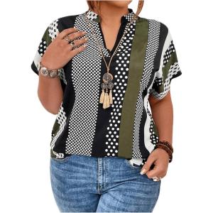 imageSOLY HUX Womens Plus Size Boho Short Sleeve Blouse V Neck Printed Casual Shirt TopsBlack Green Multi