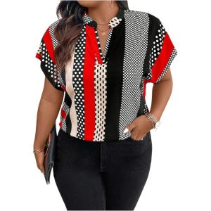 imageSOLY HUX Womens Plus Size Boho Short Sleeve Blouse V Neck Printed Casual Shirt TopsBlack Red Multi