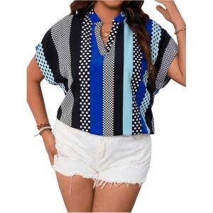 imageSOLY HUX Womens Plus Size Boho Short Sleeve Blouse V Neck Printed Casual Shirt TopsBlue Graphic