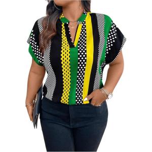 imageSOLY HUX Womens Plus Size Boho Short Sleeve Blouse V Neck Printed Casual Shirt TopsGreen Yellow Multi