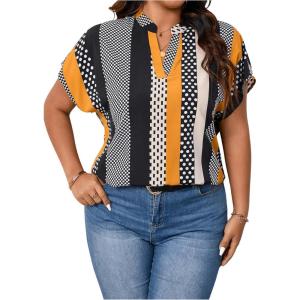 imageSOLY HUX Womens Plus Size Boho Short Sleeve Blouse V Neck Printed Casual Shirt TopsOrange Graphic