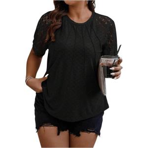 imageSOLY HUX Womens Plus Size Contrast Lace Short Sleeve Tee Round Neck Summer T Shirt TopsBlack Plain
