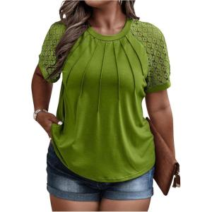 imageSOLY HUX Womens Plus Size Contrast Lace Short Sleeve Tee Round Neck Summer T Shirt TopsGreen Plain
