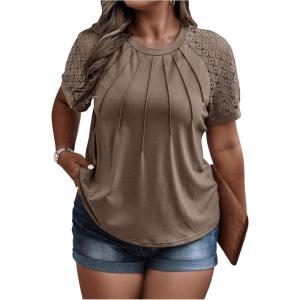 imageSOLY HUX Womens Plus Size Contrast Lace Short Sleeve Tee Round Neck Summer T Shirt TopsPlain Dark Brown