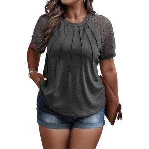 imageSOLY HUX Womens Plus Size Contrast Lace Short Sleeve Tee Round Neck Summer T Shirt TopsPlain Dark Grey