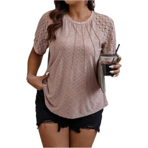 imageSOLY HUX Womens Plus Size Contrast Lace Short Sleeve Tee Round Neck Summer T Shirt TopsPlain Dusty Pink