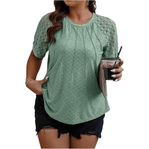 imageSOLY HUX Womens Plus Size Contrast Lace Short Sleeve Tee Round Neck Summer T Shirt TopsPlain Green