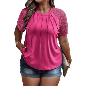 imageSOLY HUX Womens Plus Size Contrast Lace Short Sleeve Tee Round Neck Summer T Shirt TopsPlain Hotpink