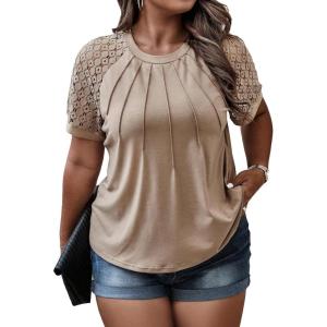 imageSOLY HUX Womens Plus Size Contrast Lace Short Sleeve Tee Round Neck Summer T Shirt TopsPlain Khaki