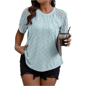 imageSOLY HUX Womens Plus Size Contrast Lace Short Sleeve Tee Round Neck Summer T Shirt TopsPlain Light Blue