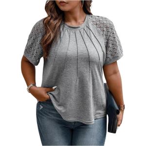 imageSOLY HUX Womens Plus Size Contrast Lace Short Sleeve Tee Round Neck Summer T Shirt TopsPlain Light Grey