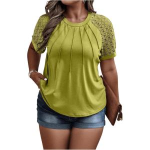 imageSOLY HUX Womens Plus Size Contrast Lace Short Sleeve Tee Round Neck Summer T Shirt TopsPlain Mint Green
