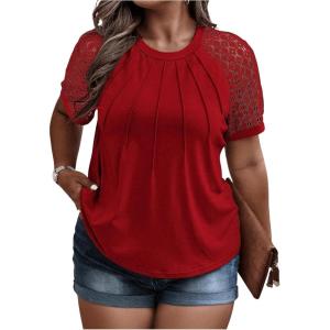 imageSOLY HUX Womens Plus Size Contrast Lace Short Sleeve Tee Round Neck Summer T Shirt TopsPlain Red