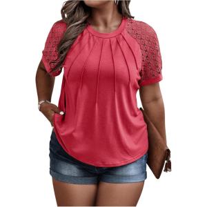 imageSOLY HUX Womens Plus Size Contrast Lace Short Sleeve Tee Round Neck Summer T Shirt TopsPlain Watermelon Pink