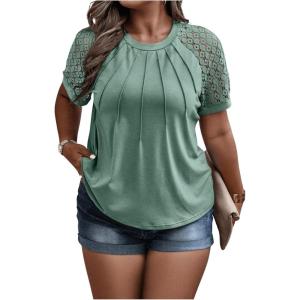 imageSOLY HUX Womens Plus Size Contrast Lace Short Sleeve Tee Round Neck Summer T Shirt TopsSolid Mint Green