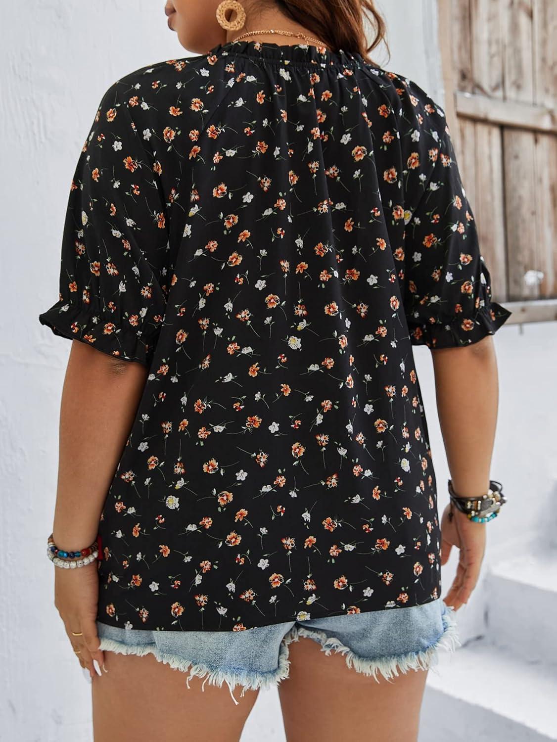 imageSOLY HUX Womens Plus Size Allover Printed Notched V Neck Short Sleeve Casual Blouse TopsMulticolored Floral