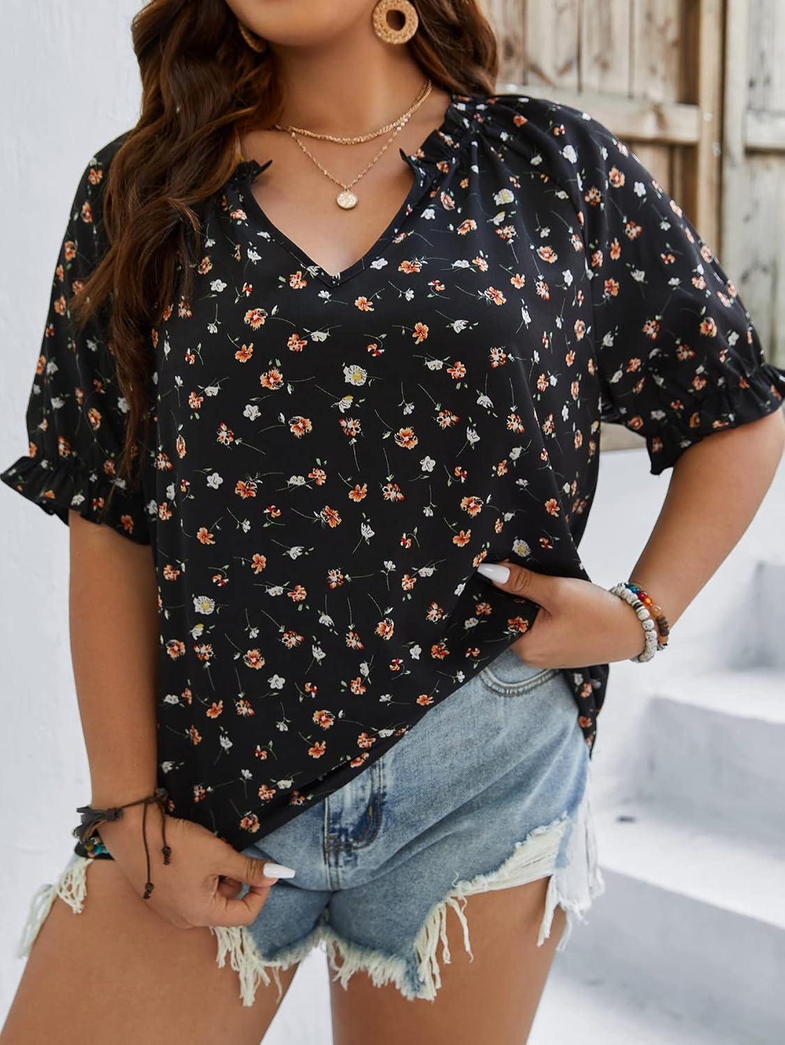 imageSOLY HUX Womens Plus Size Allover Printed Notched V Neck Short Sleeve Casual Blouse TopsMulticolored Floral