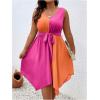 imageSOLY HUX Womens Plus Size Color Block Dress V Neck Sleeveless A Line Asymmetrical Hem Belted DressesOrange and Hotpink