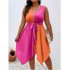 imageSOLY HUX Womens Plus Size Color Block Dress V Neck Sleeveless A Line Asymmetrical Hem Belted DressesOrange and Hotpink