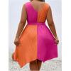 imageSOLY HUX Womens Plus Size Color Block Dress V Neck Sleeveless A Line Asymmetrical Hem Belted DressesOrange and Hotpink