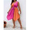 imageSOLY HUX Womens Plus Size Color Block Dress V Neck Sleeveless A Line Asymmetrical Hem Belted DressesOrange and Hotpink
