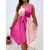 imageSOLY HUX Womens Plus Size Color Block Dress V Neck Sleeveless A Line Asymmetrical Hem Belted DressesPink Colorblock