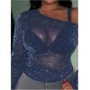 imageSOLY HUX Womens Plus Size T Shirts See Through Sheer Tops Off The Shoulder Long Sleeve Sexy Sparkly TeePlain Dark Blue