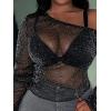 imageSOLY HUX Womens Plus Size T Shirts See Through Sheer Tops Off The Shoulder Long Sleeve Sexy Sparkly TeePure Black