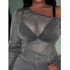 imageSOLY HUX Womens Plus Size T Shirts See Through Sheer Tops Off The Shoulder Long Sleeve Sexy Sparkly TeeSolid Silver