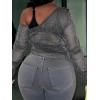 imageSOLY HUX Womens Plus Size T Shirts See Through Sheer Tops Off The Shoulder Long Sleeve Sexy Sparkly TeeSolid Silver