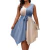 imageSOLY HUX Womens Plus Size Color Block Dress V Neck Sleeveless A Line Asymmetrical Hem Belted DressesBlue Colorblock